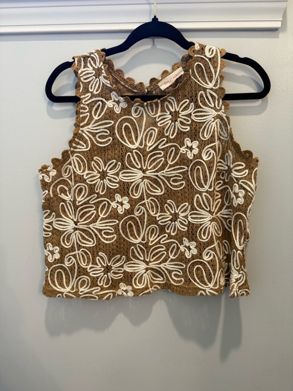 Solitaire Brown Crochet Tank with White Accents